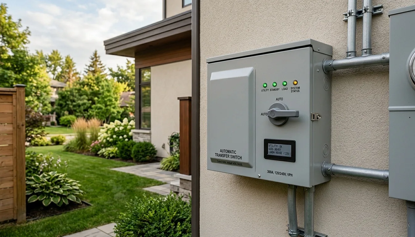 A gray transfer switch box mounted on a house wall next to the electric meter
