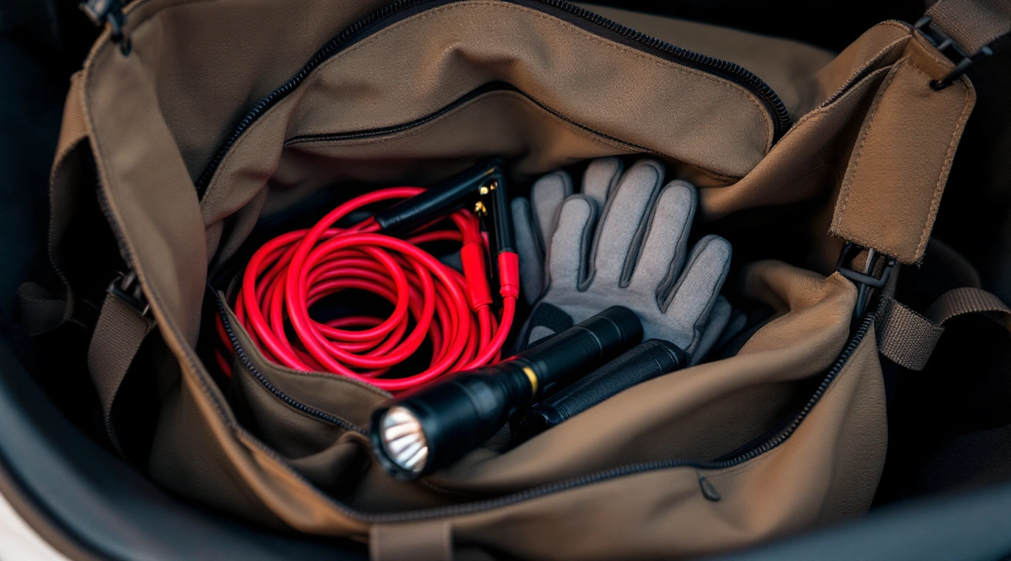 An open canvas bag in a car trunk holding red jumper cables, work gloves and a flashlight