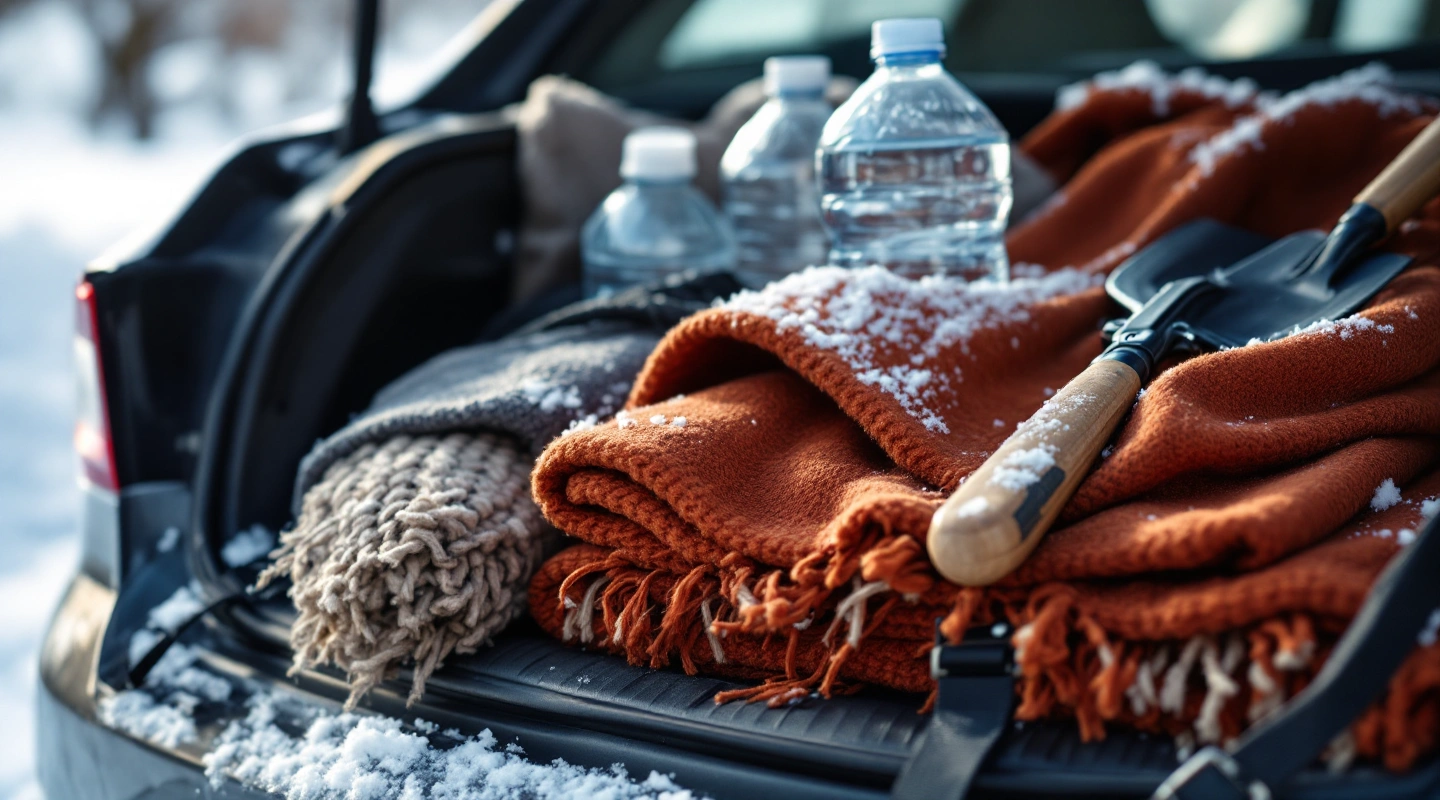 A car trunk in snow with folded blankets, a small shovel and bottled water
