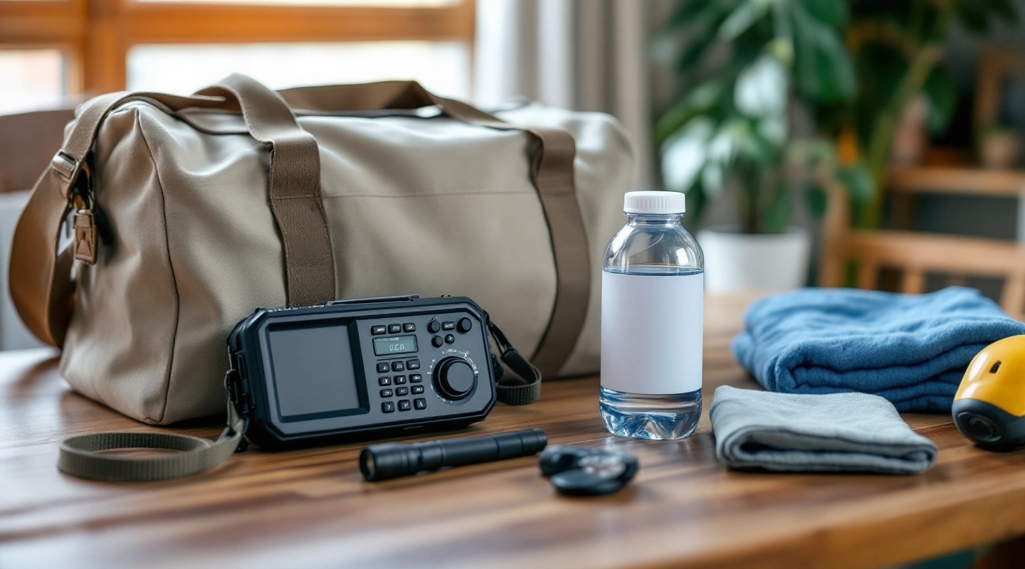 A canvas duffel, a compact radio, a water bottle, a flashlight and folded towels on a wooden table