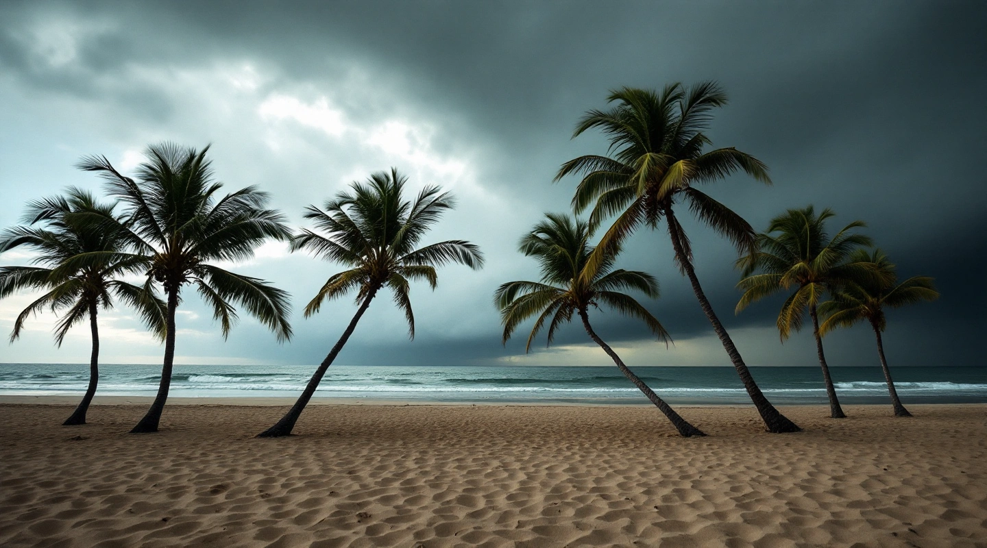Palm trees bending in strong wind under dark storm clouds over an empty beach