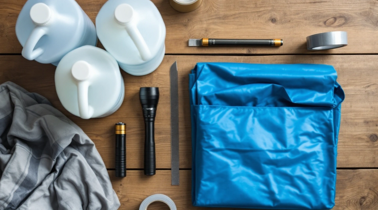 Water jugs, a flashlight, batteries, duct tape and a blue tarp laid out on a wooden table