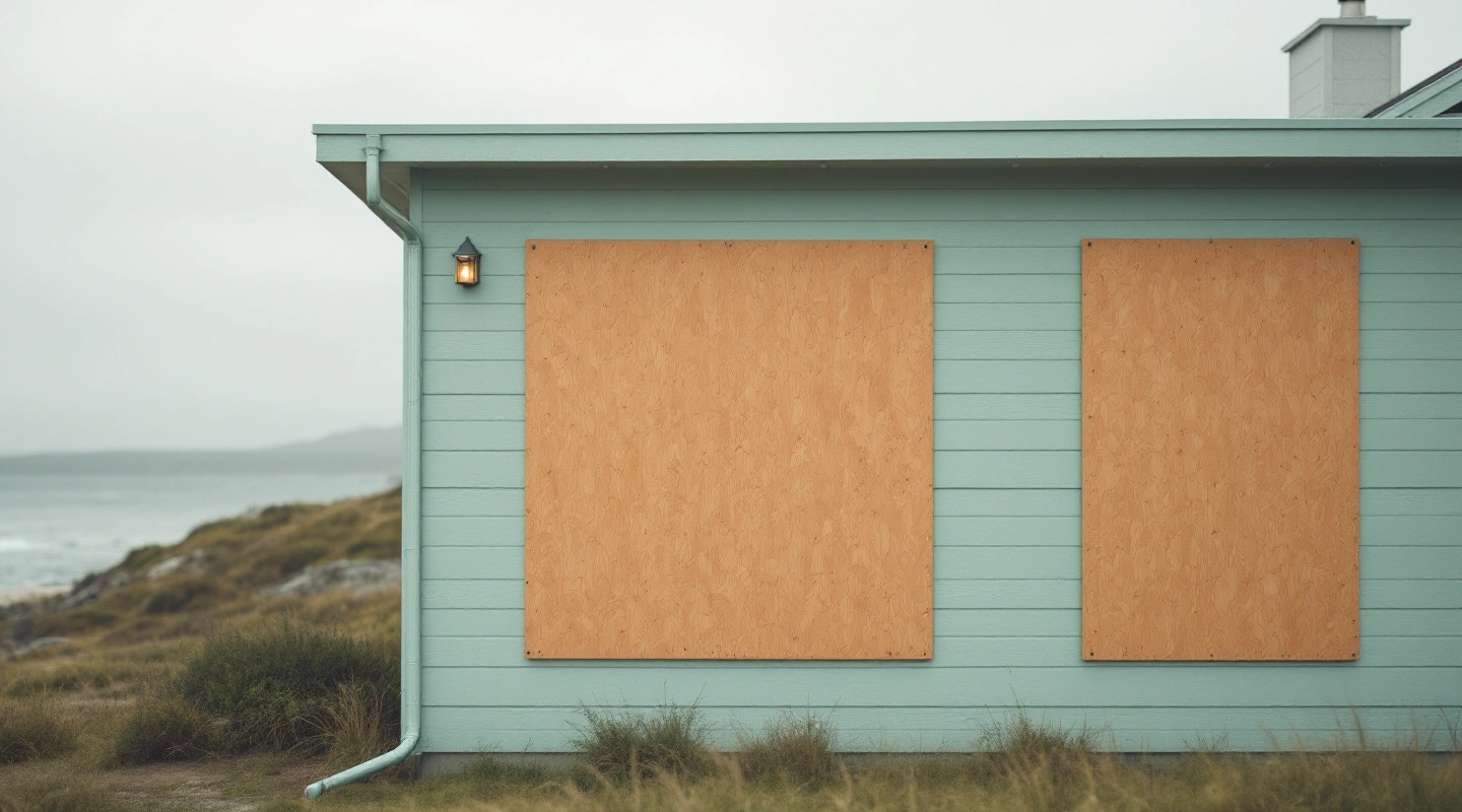 A pale green coastal house with plywood boards over its windows under a grey sky