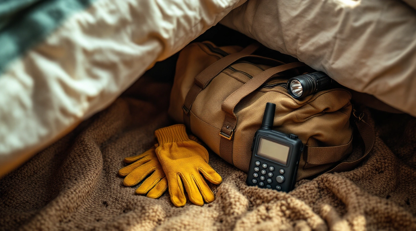 A small canvas duffel kit with a flashlight, gloves and a radio laid out on a wood floor beside a bed