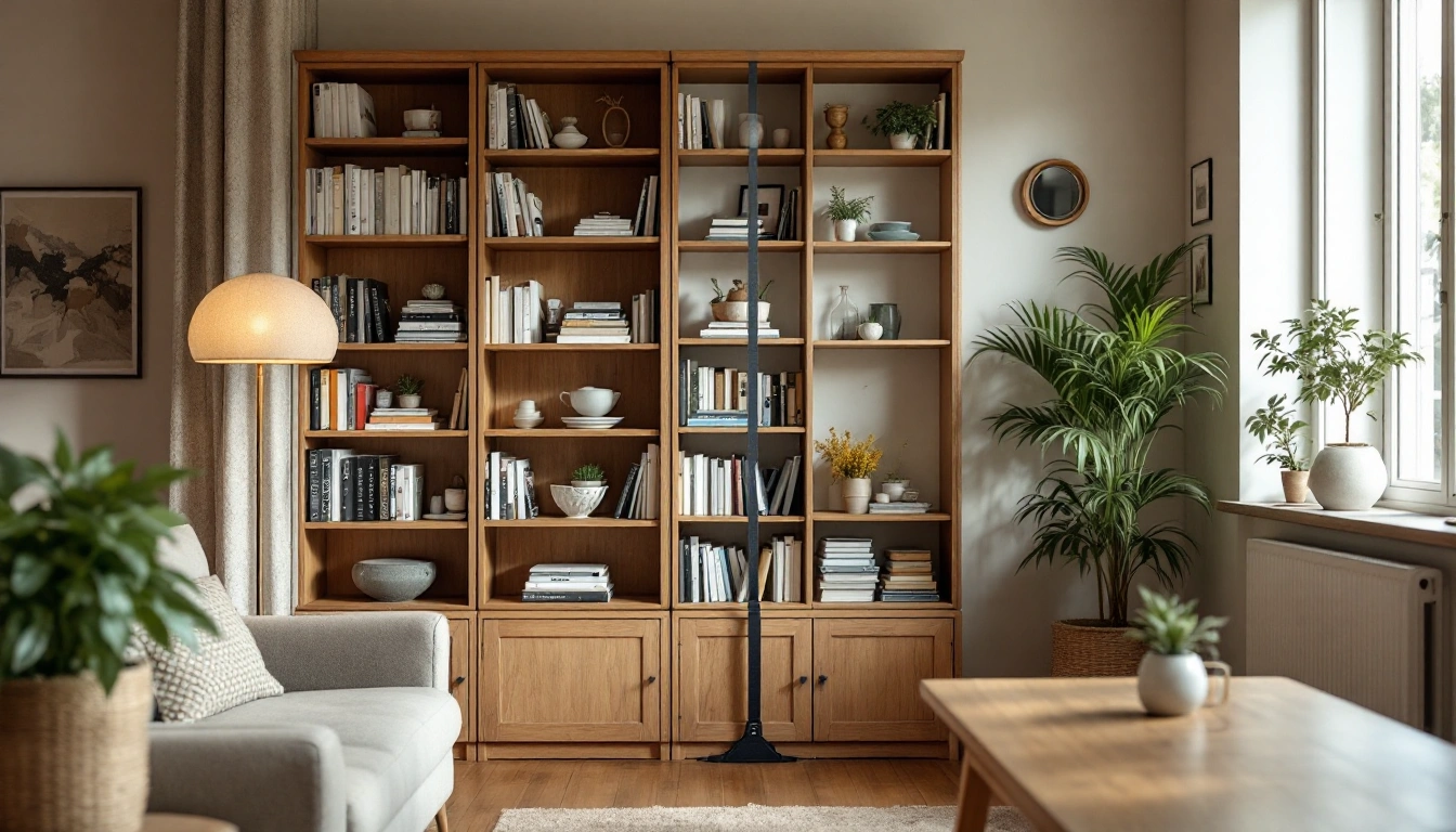 A tidy living room with a tall bookcase strapped to the wall and heavy items on the low shelves