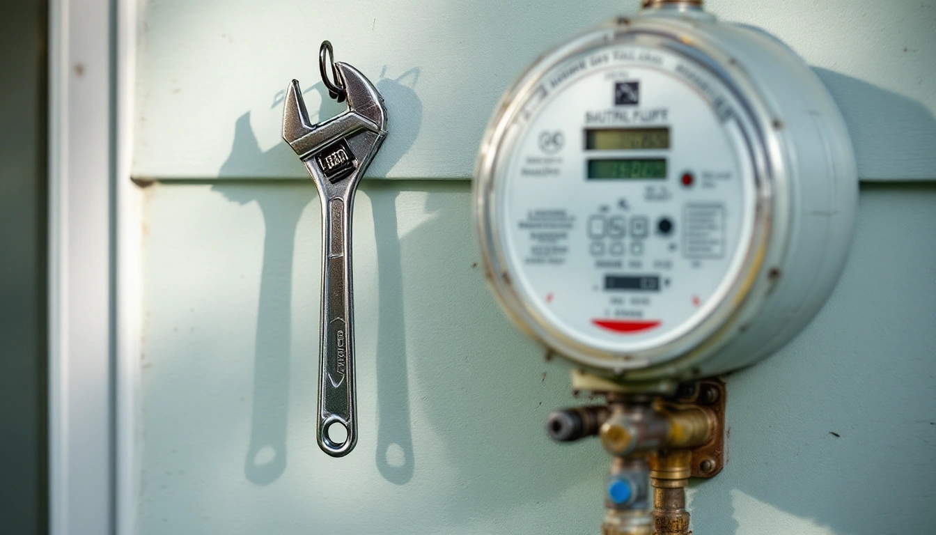 An adjustable wrench hanging beside a home gas meter and shutoff valve