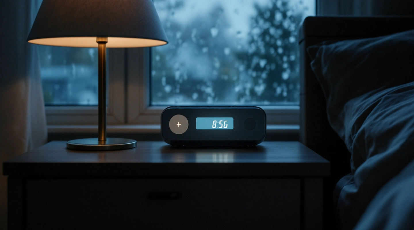 A small alert radio glowing on a nightstand beside a lamp on a rainy night