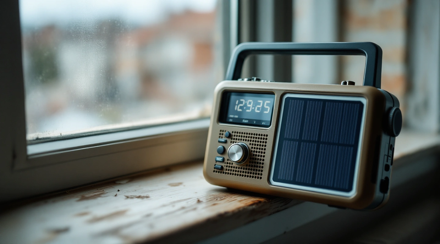 A compact emergency radio with a solar panel on a windowsill