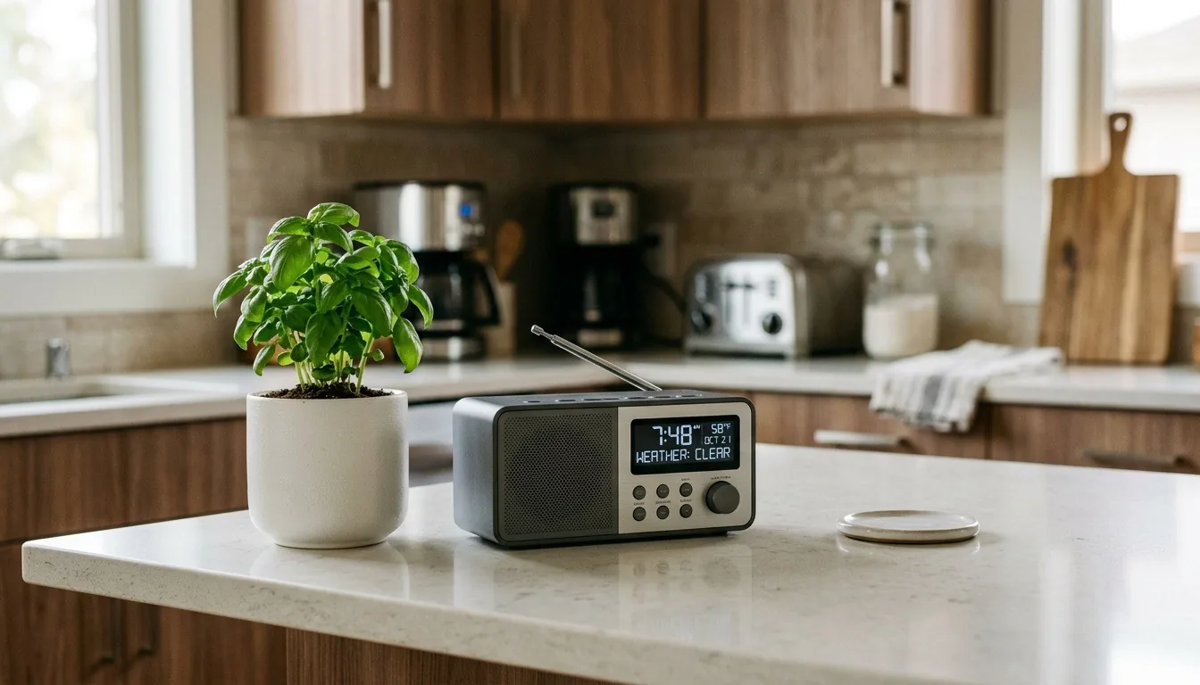 A small weather alert radio on a kitchen counter beside a potted basil plant