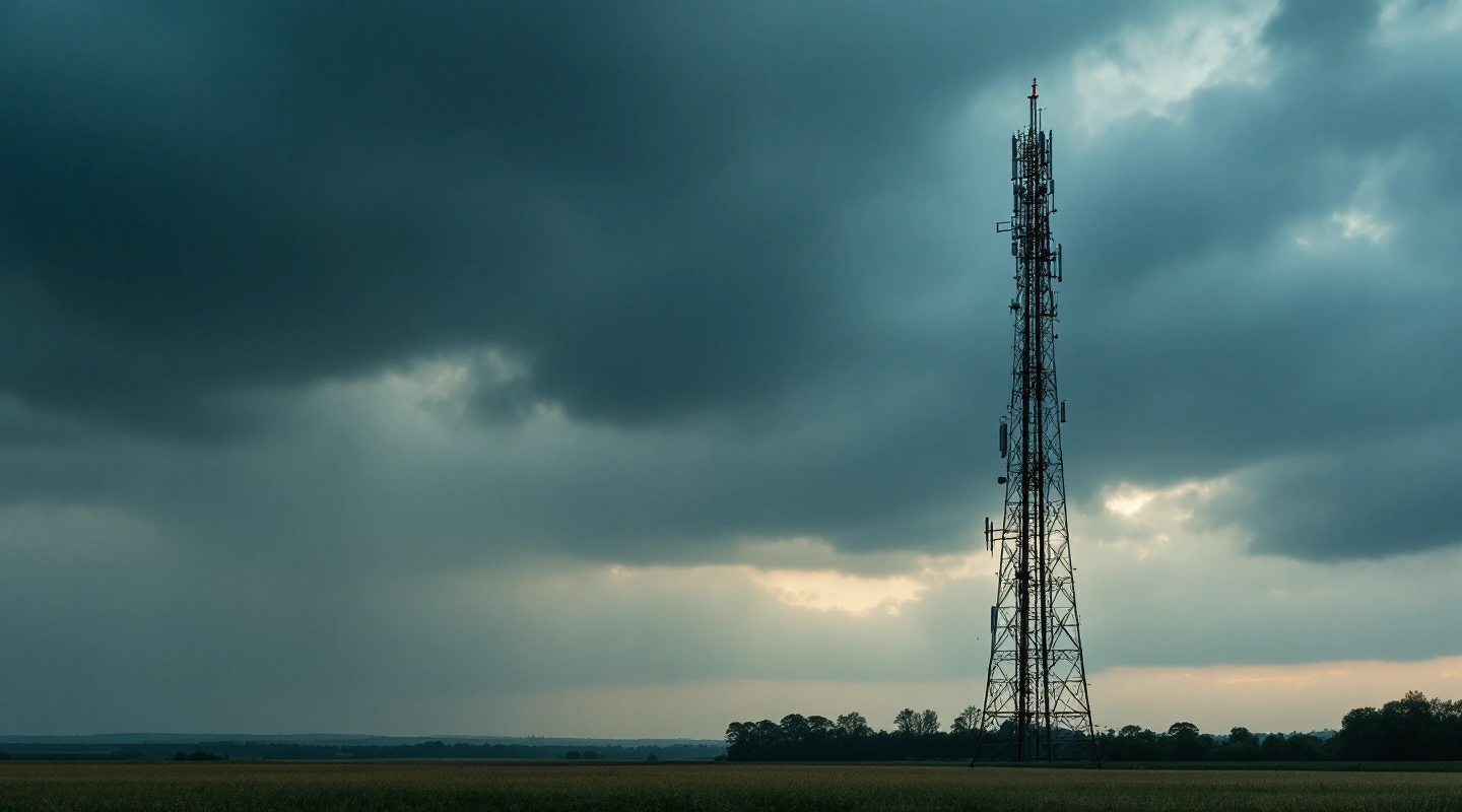 A radio transmitter tower against a stormy sky over open fields