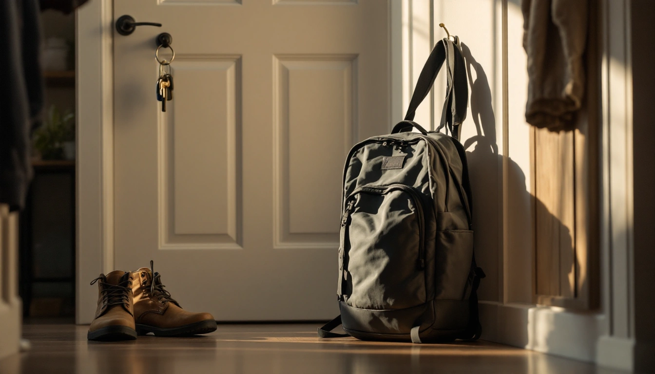 A packed backpack, sturdy shoes and car keys on a hook by a front door, calm late-afternoon light