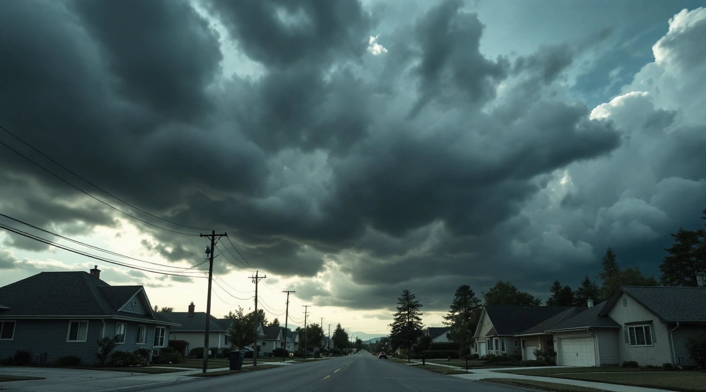 Storm clouds gathering over a quiet residential street