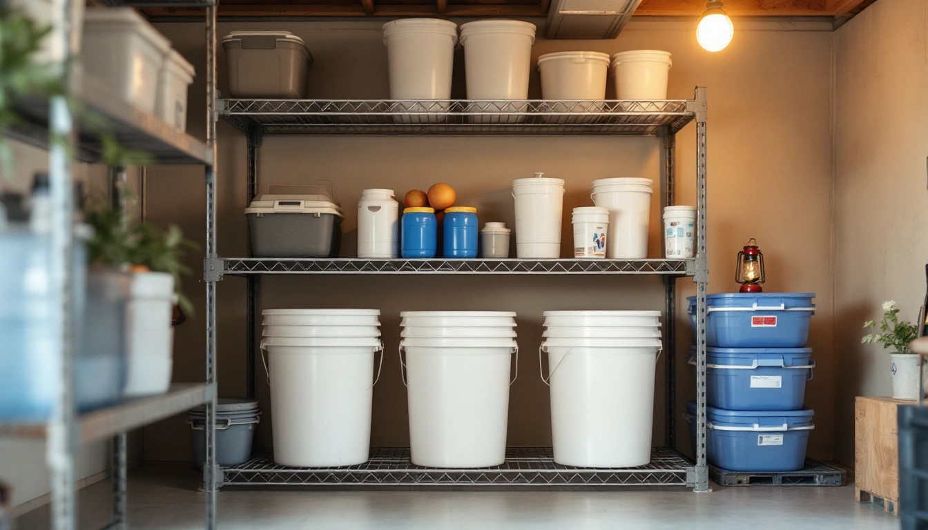 Basement shelving with sealed food buckets, water containers and a camping lantern