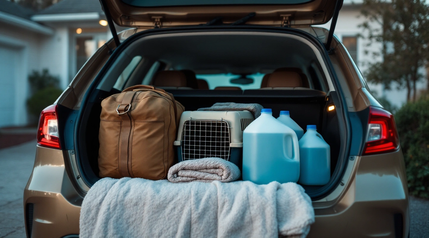 A car trunk packed with a duffel bag, a pet carrier, water jugs and blankets