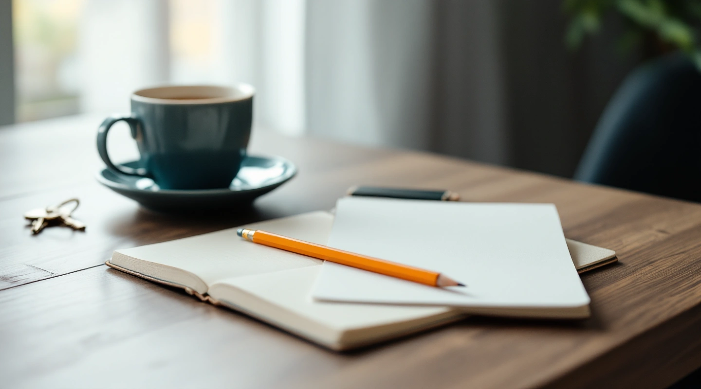 A blank notebook, a pencil, keys and a cup of tea on a kitchen table