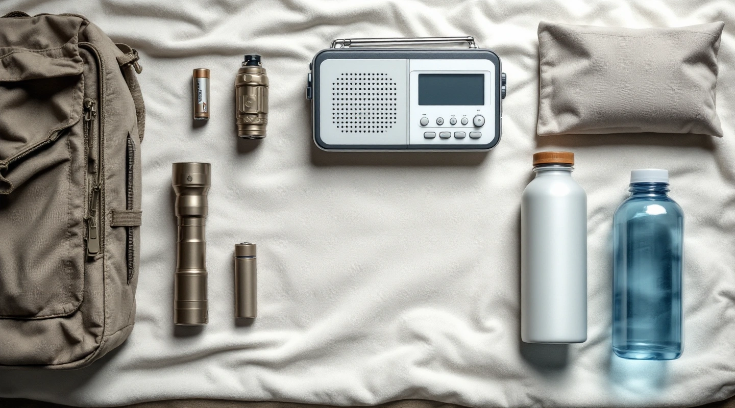A backpack, flashlights, batteries, a radio and water bottles laid out on a white blanket
