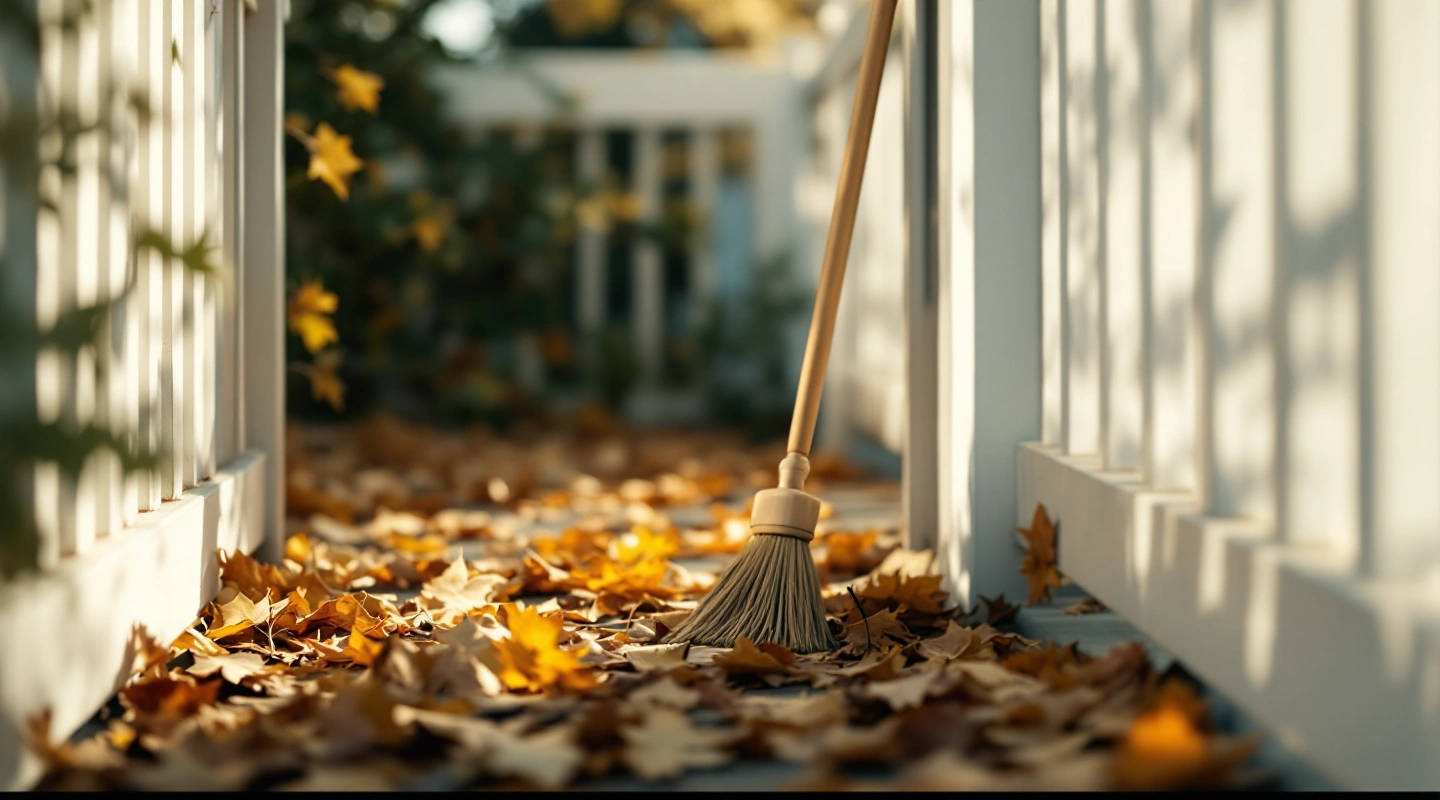 A broom and swept autumn leaves on a sunlit porch