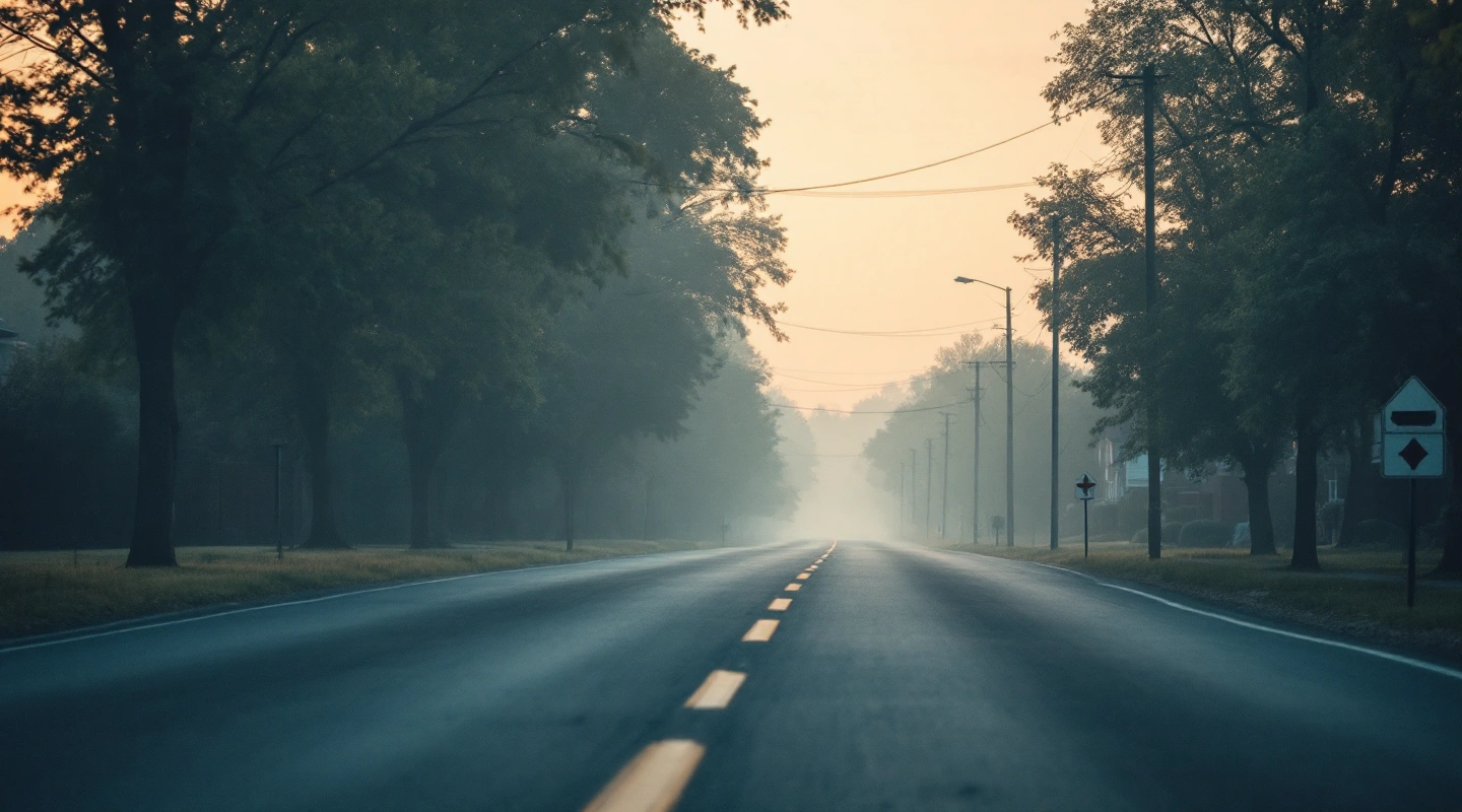 An empty two-lane road leading out of town in morning mist
