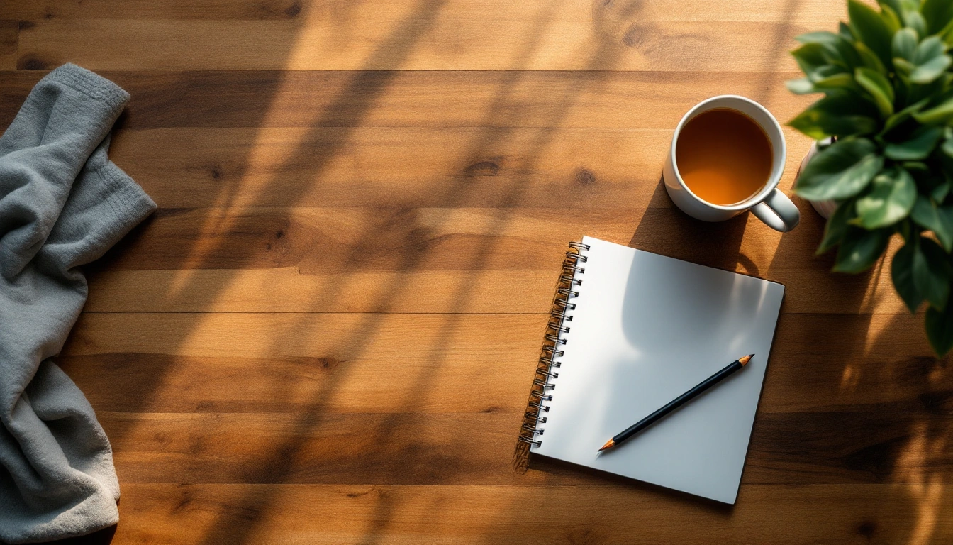 A blank notebook, a pencil and a mug of tea on a wooden kitchen table