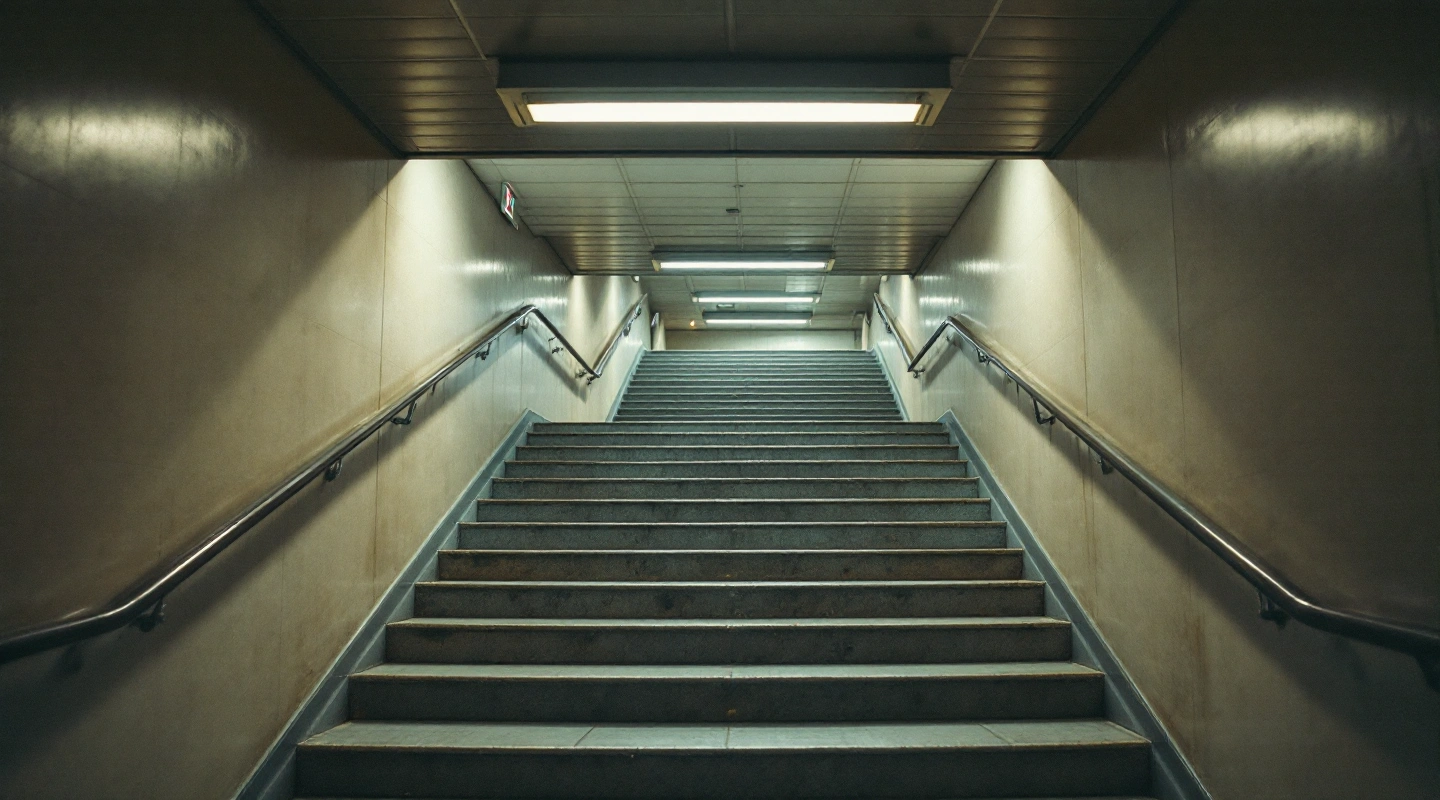 An empty building stairwell with handrails and bright lighting