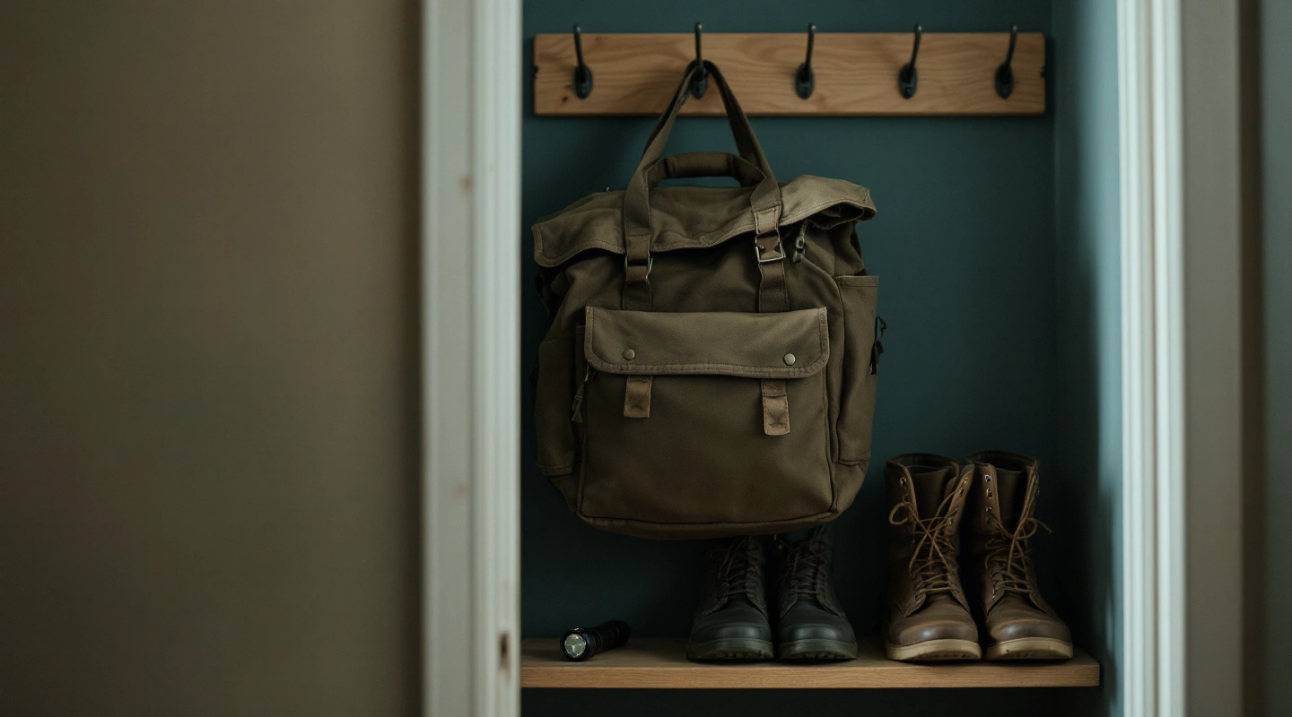 A canvas go-bag on a closet hook above two pairs of boots and a flashlight