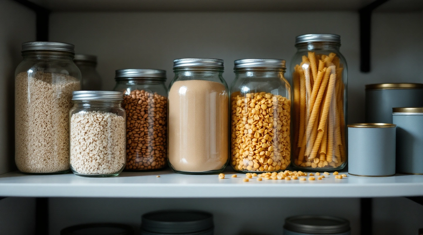 Glass jars of rice, beans, oats and pasta beside plain cans on a pantry shelf