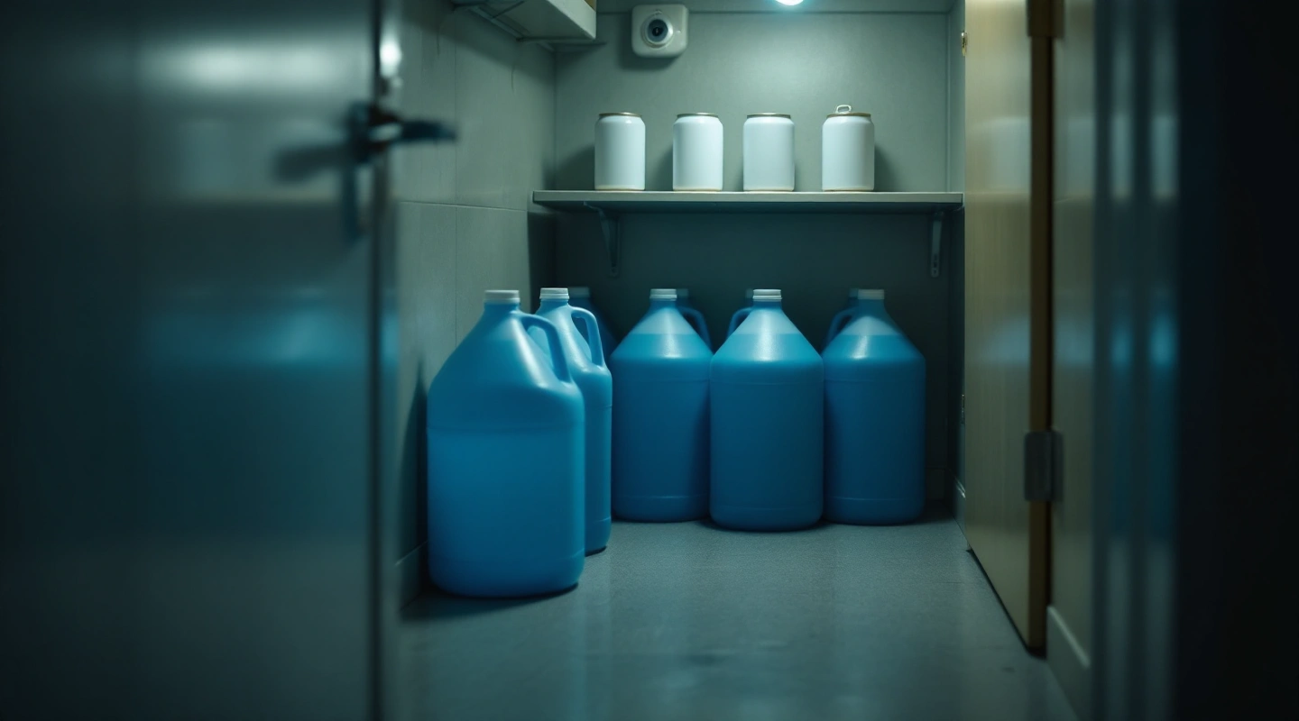 Blue water jugs on a closet floor with plain containers on a shelf above