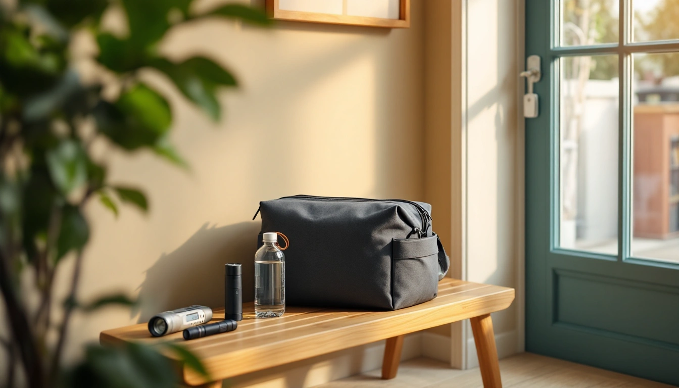 An emergency bag, bottled water and flashlights on a wooden bench beside a window