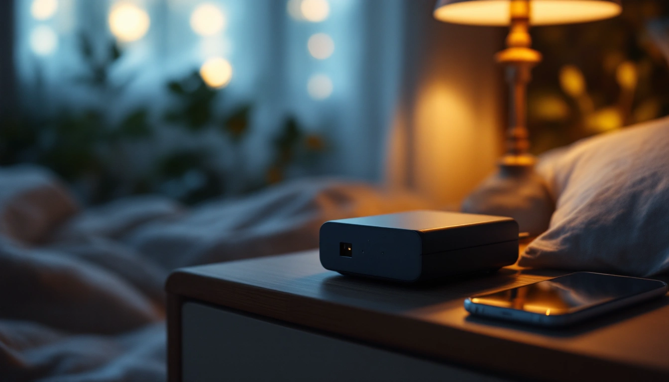 A small power station on a nightstand next to a lamp and a phone