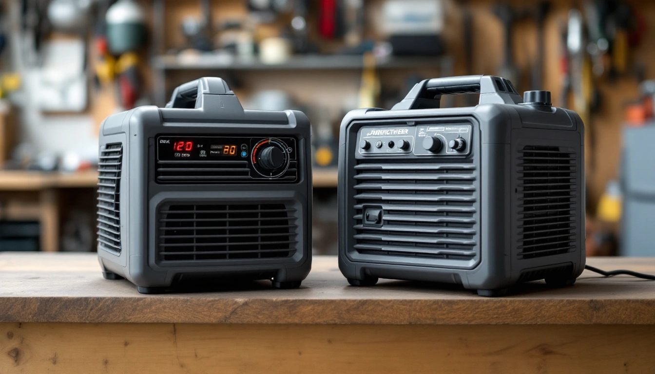Two portable power stations of similar size sitting side by side on a workbench