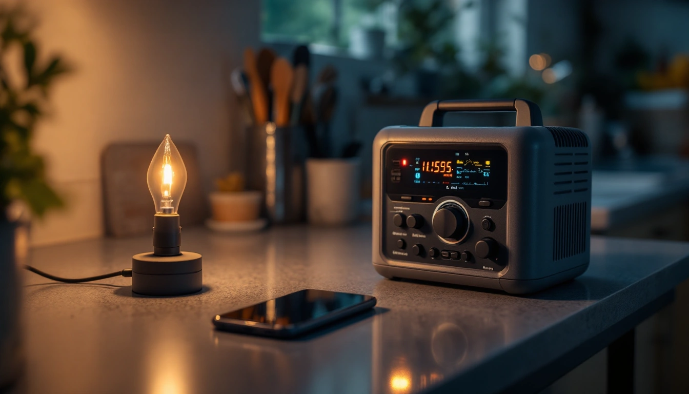 A portable power station on a kitchen counter with a lamp and a phone charging beside it