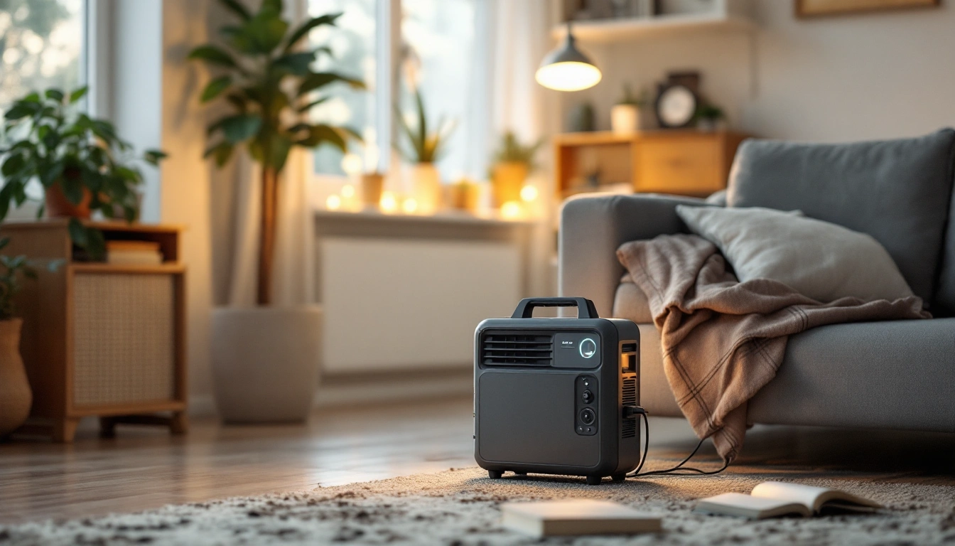 A portable power station on the floor of a living room with a lamp plugged into it