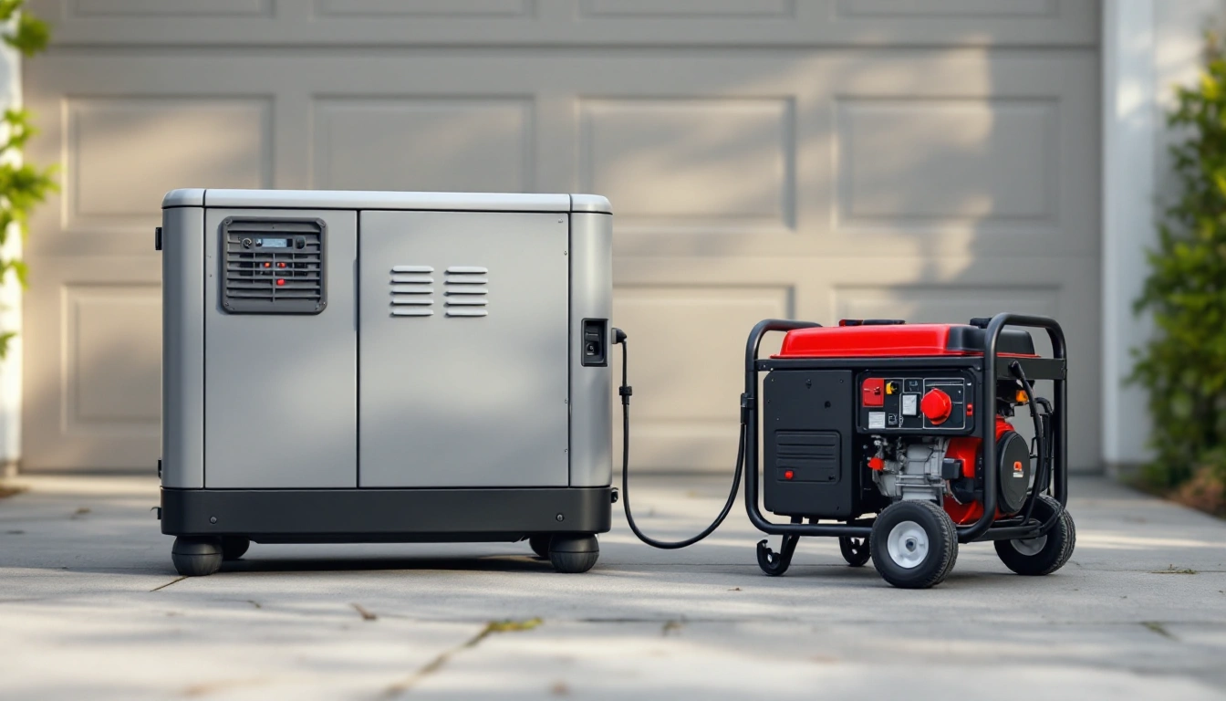 A portable power station and a small fuel generator sitting side by side outside a garage