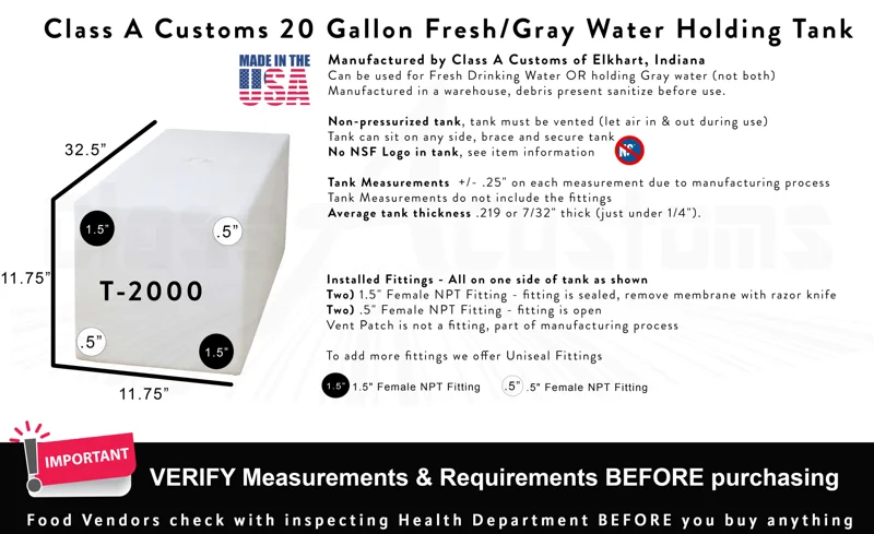 Class A Customs T-2000 20-Gallon Fresh / Gray Water Tank