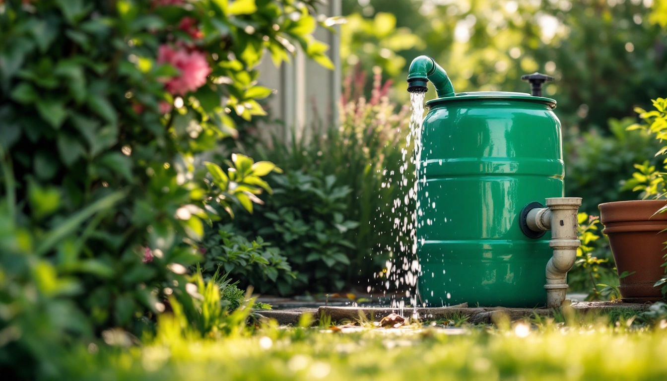 A green rain barrel collecting water from a downspout in a lush garden