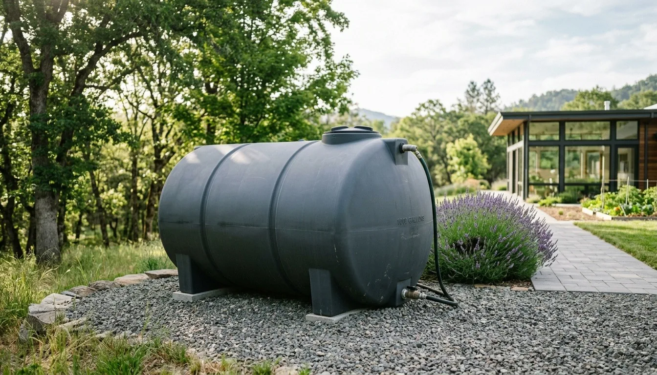 A large gray water storage tank on a gravel pad beside a garden