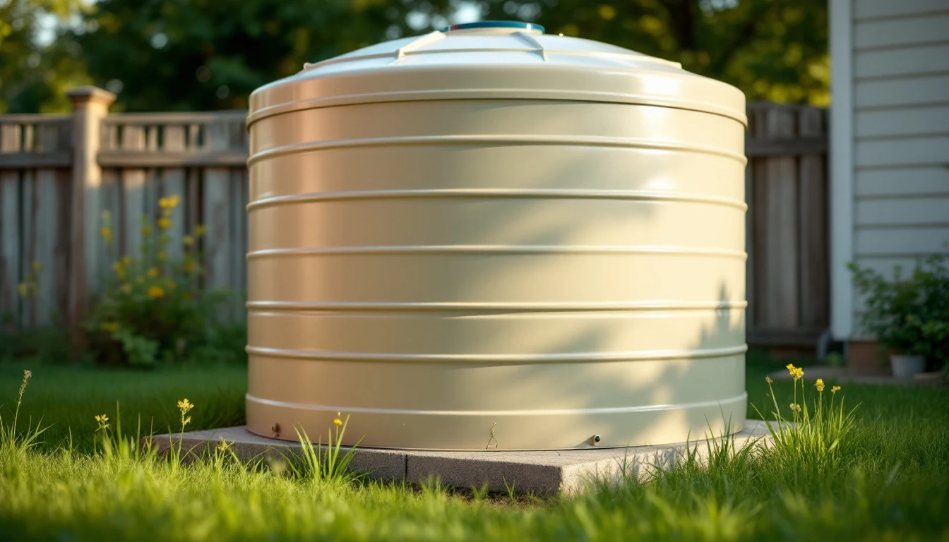 A large beige water tank placed on a concrete slab in a grassy backyard with a wooden fence and some plants in the background