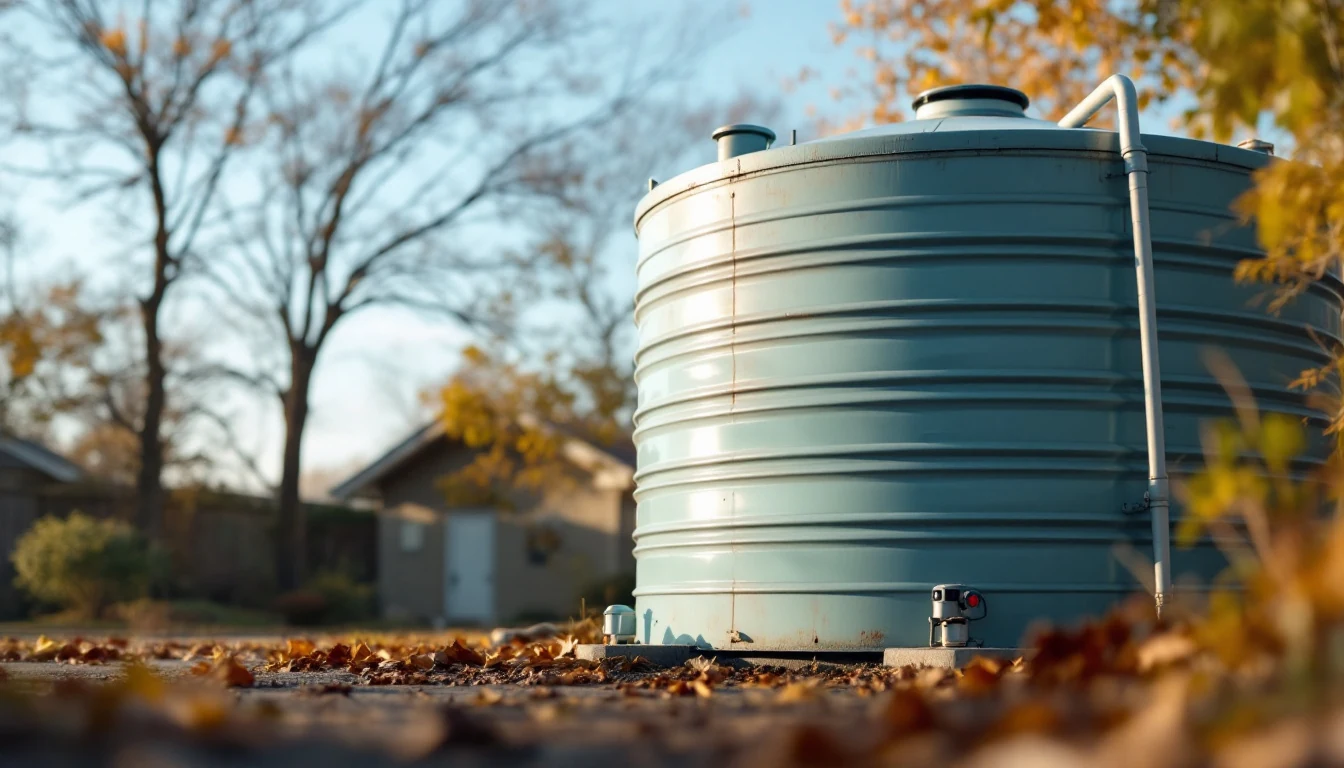 A large blue water tank outdoors with dry fallen leaves and blurred background of trees and a small building