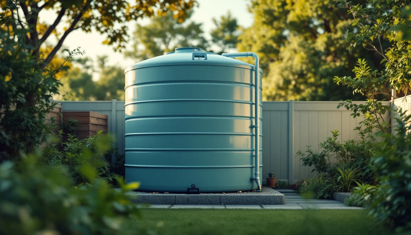 a large blue water storage tank in a backyard garden surrounded by plants and a white fence