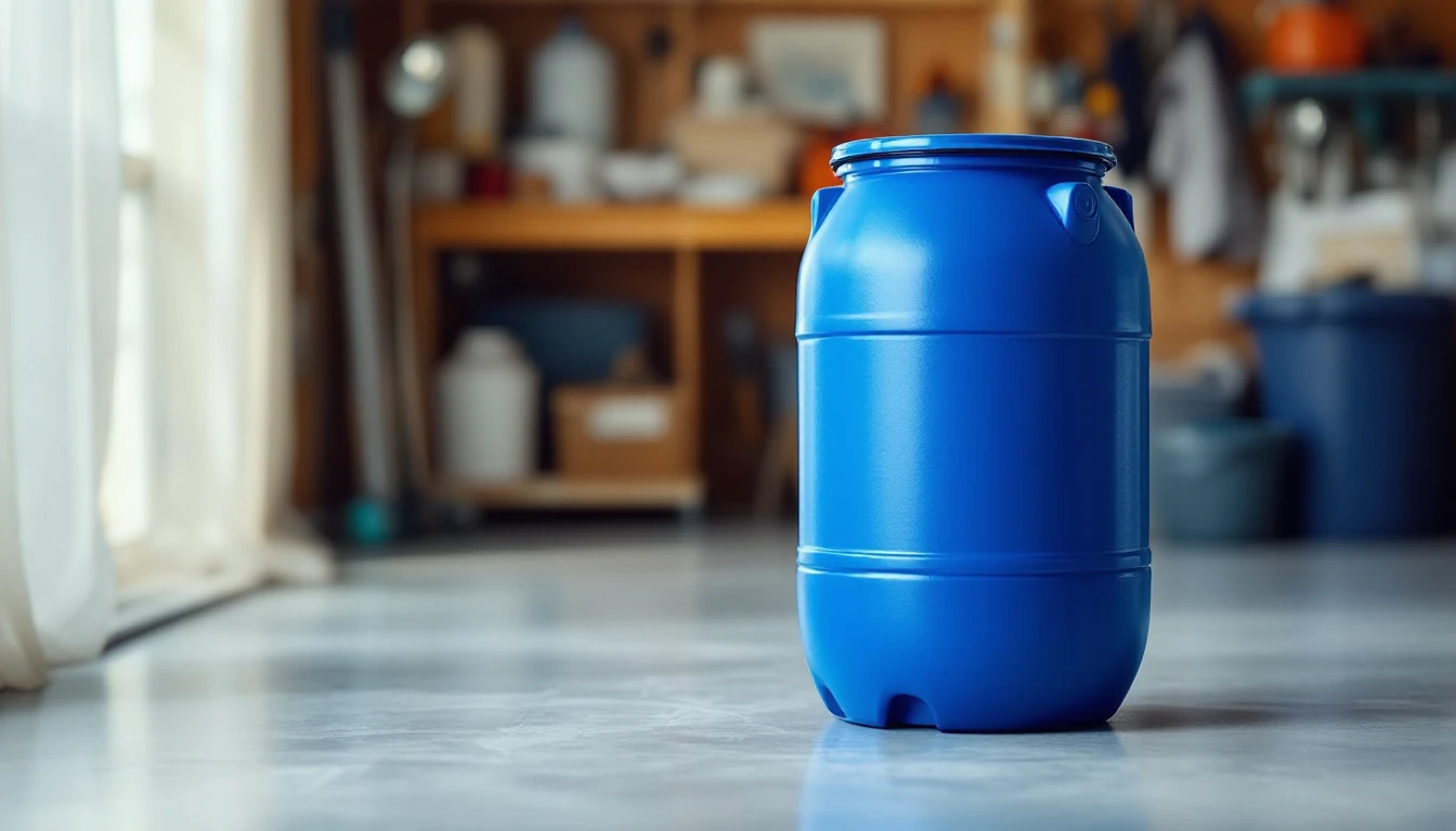 A blue closed plastic water barrel standing on a concrete floor in a storage room