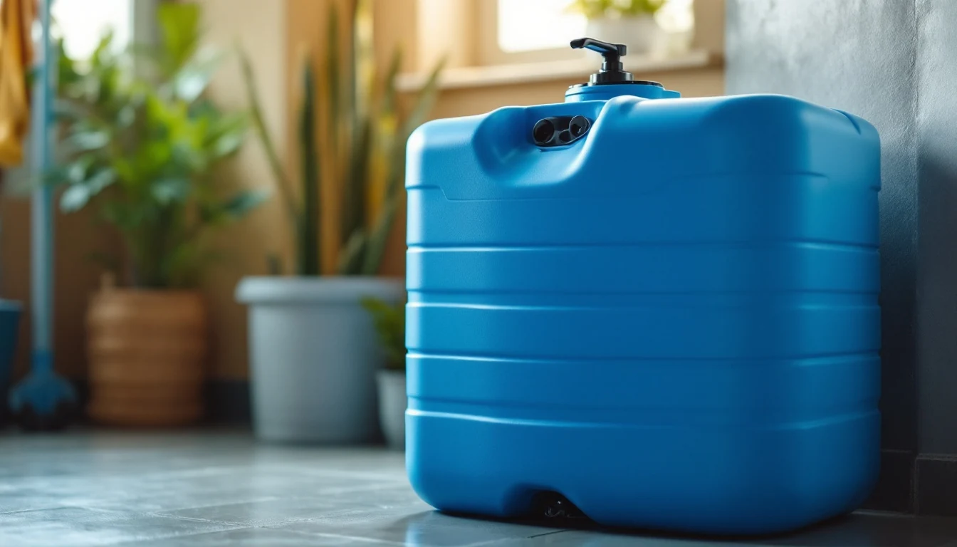 A square blue plastic water tank with a pump on top standing on an indoor floor beside potted plants