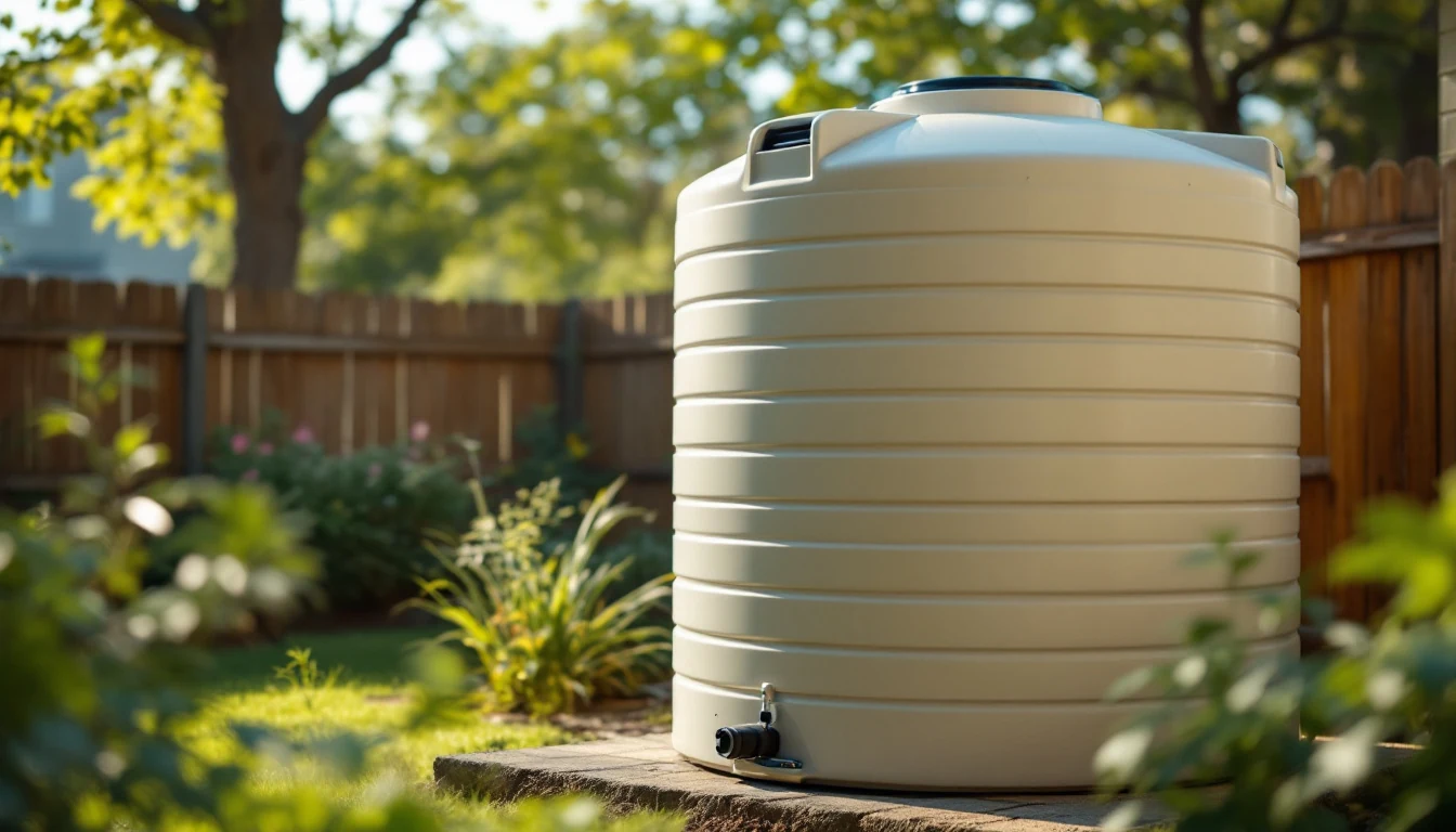 a large beige water storage tank in a garden with a wooden fence and plants in the background
