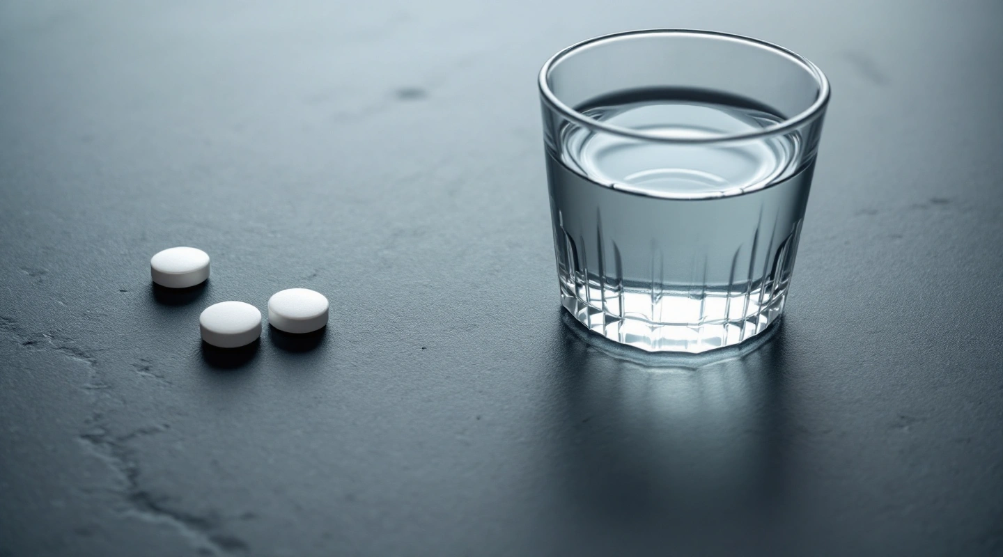 A glass of clear water beside three white tablets on slate