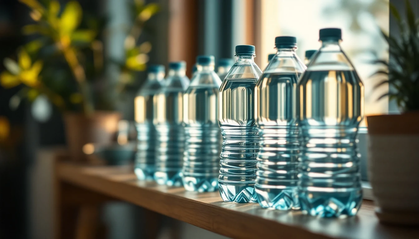 Several plastic water bottles lined up on a wooden surface with blurred plants in the background