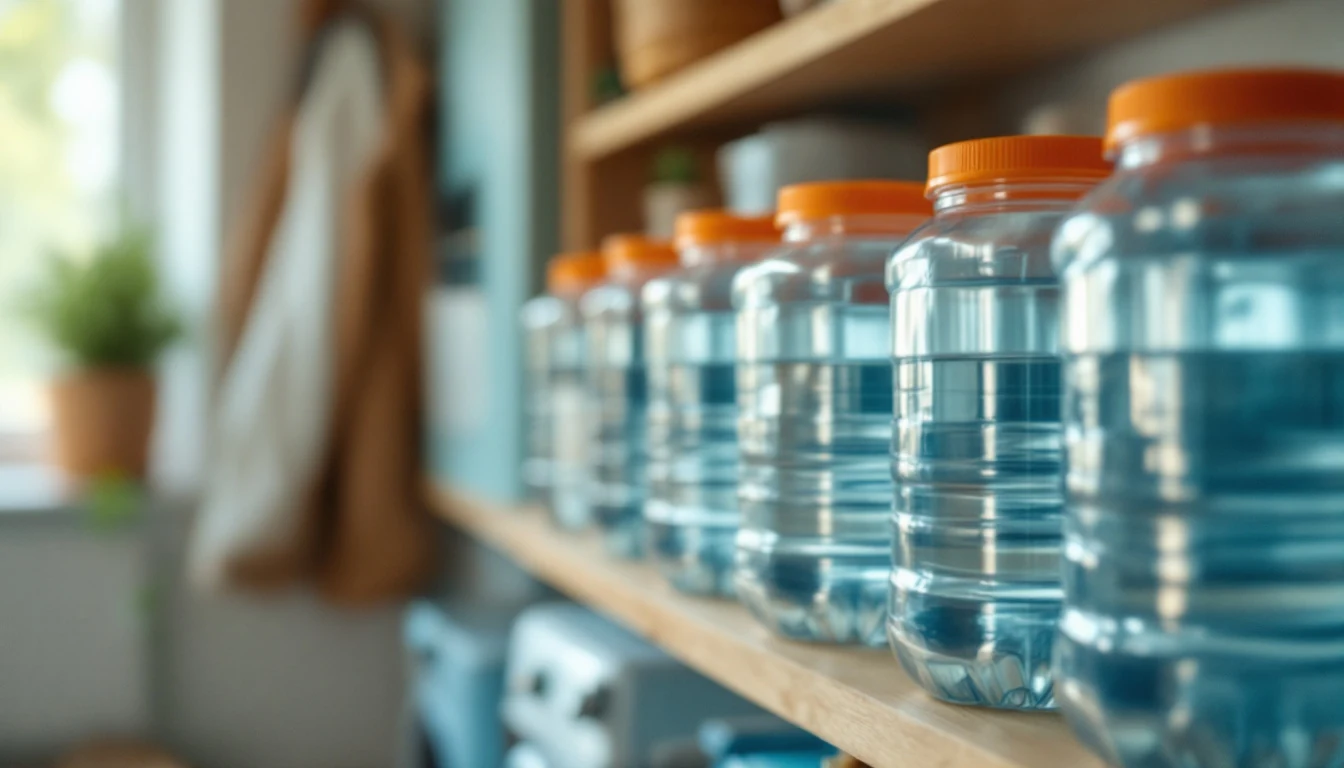 A series of large clear water bottles with orange caps arranged in a row on a wooden shelf indoors