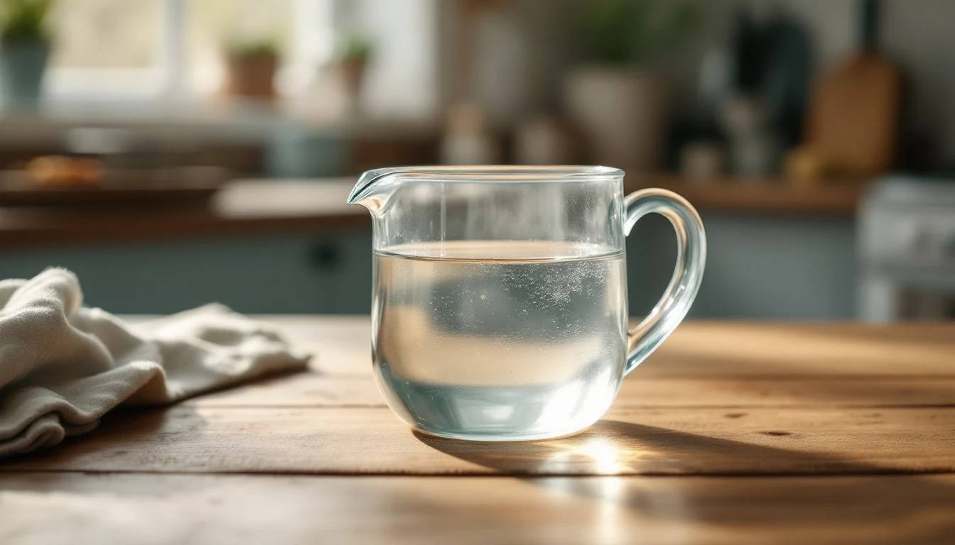 A glass pitcher filled with water on a wooden table in a softly lit kitchen setting