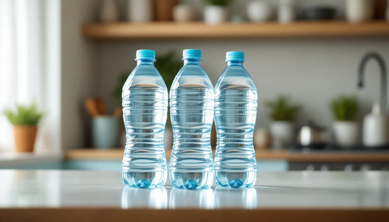 Three clear plastic water bottles on a kitchen countertop with blurred kitchen background