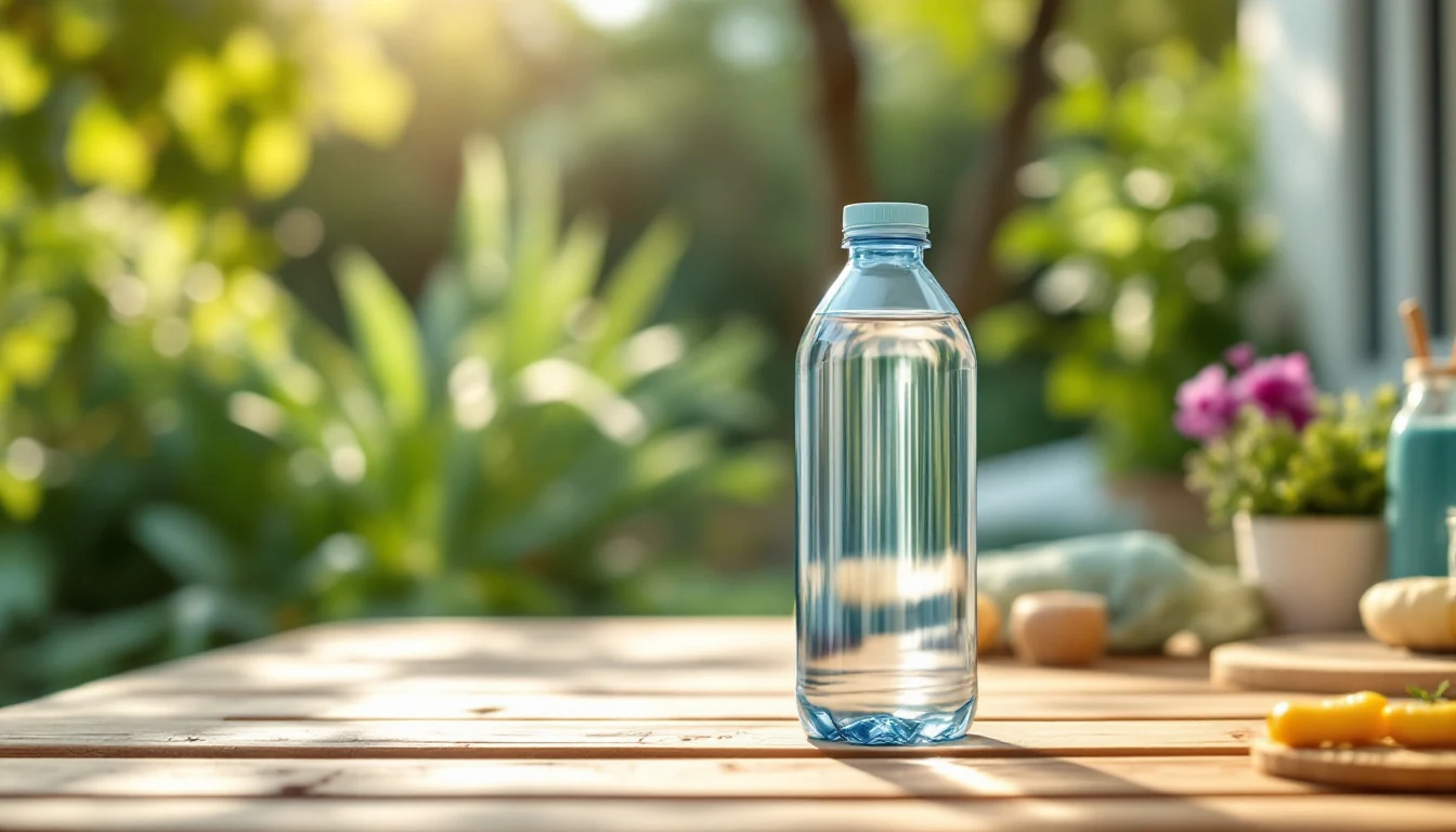 A clear plastic water bottle sitting on a wooden table outdoors with plants and flowers in the blurred background