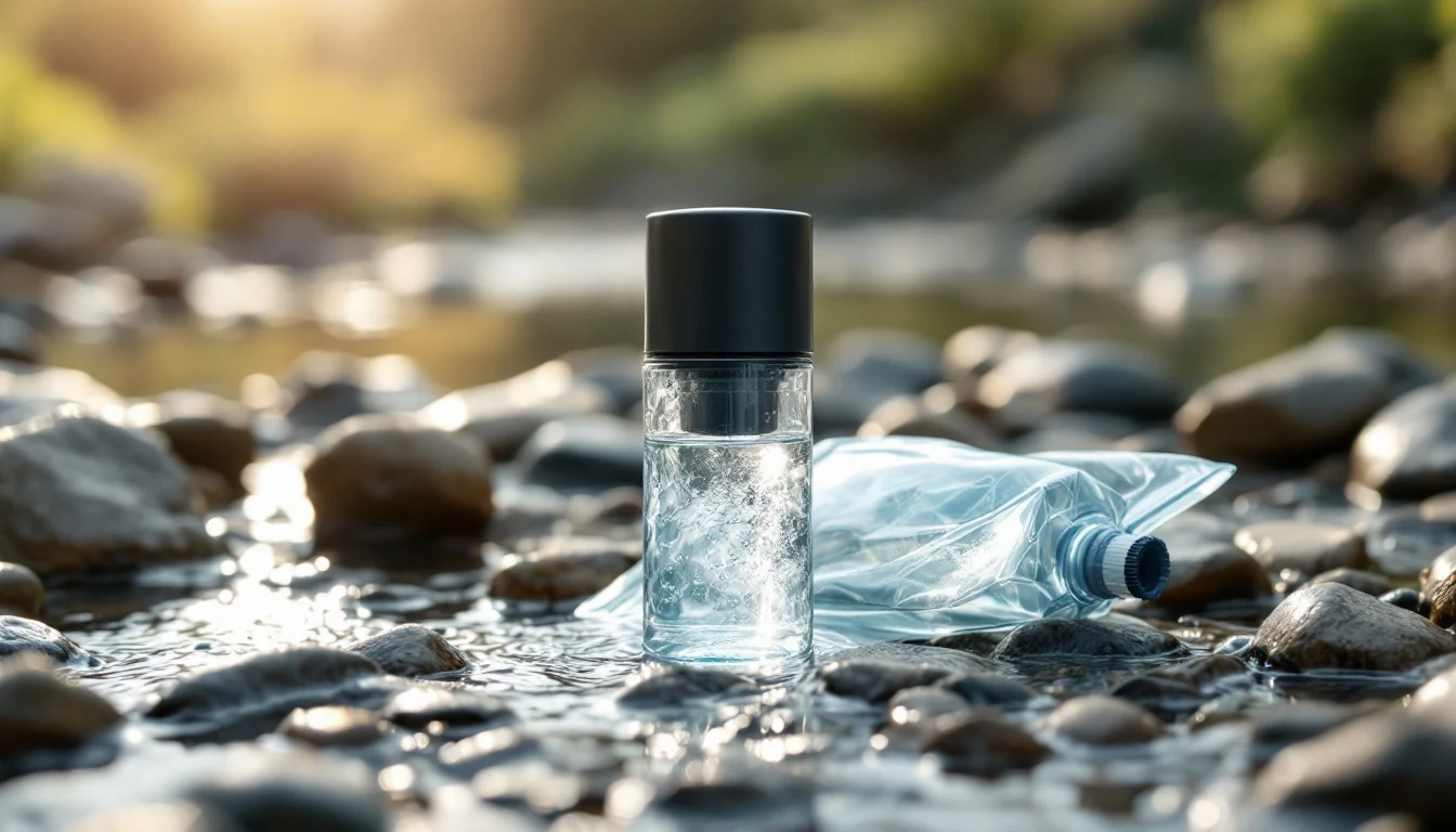 A small clear water filter bottle with a black cap beside a soft water pouch on wet stones in a stream