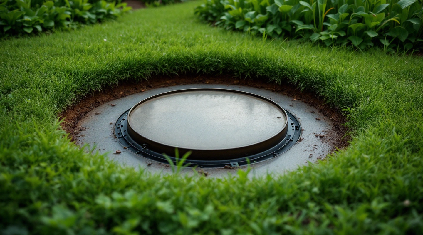 A round cistern lid set into a green lawn
